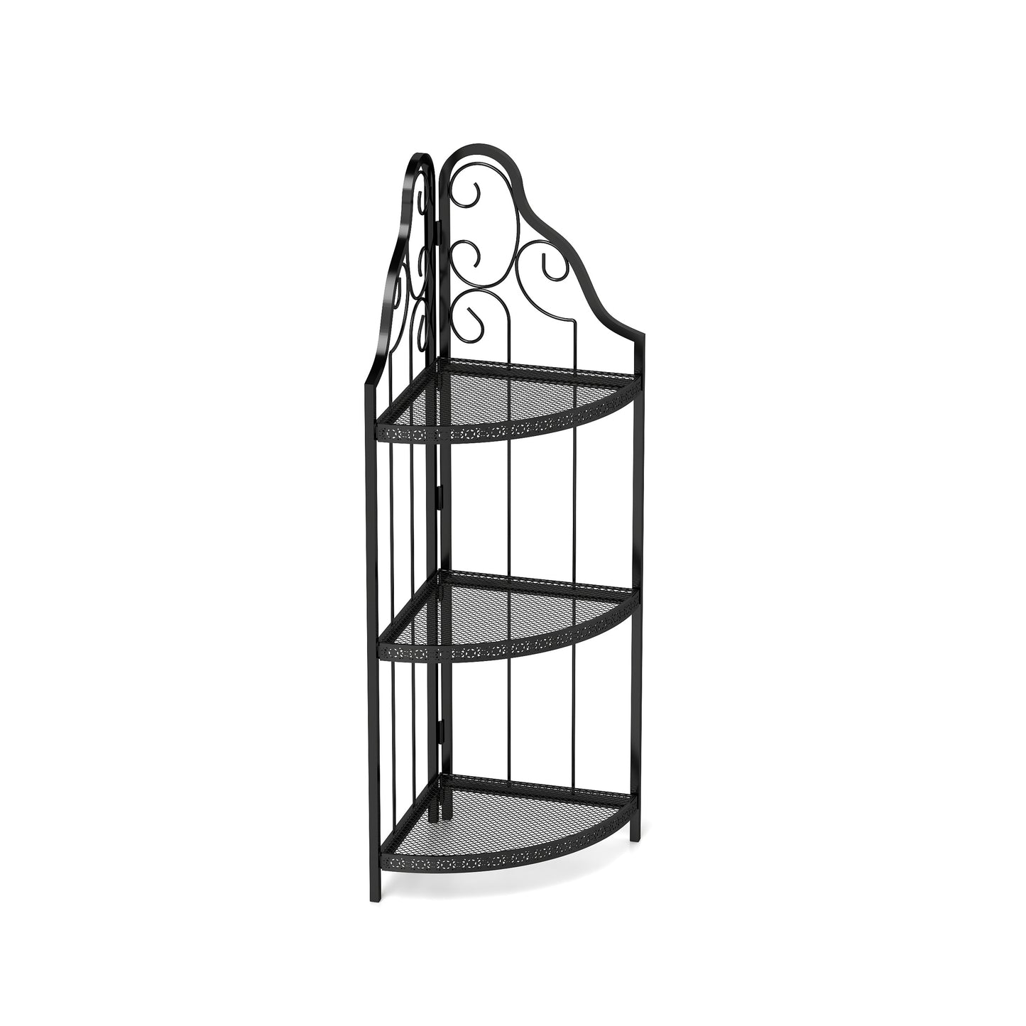 Black wrought iron threetier corner shelf with ornate scrollwork