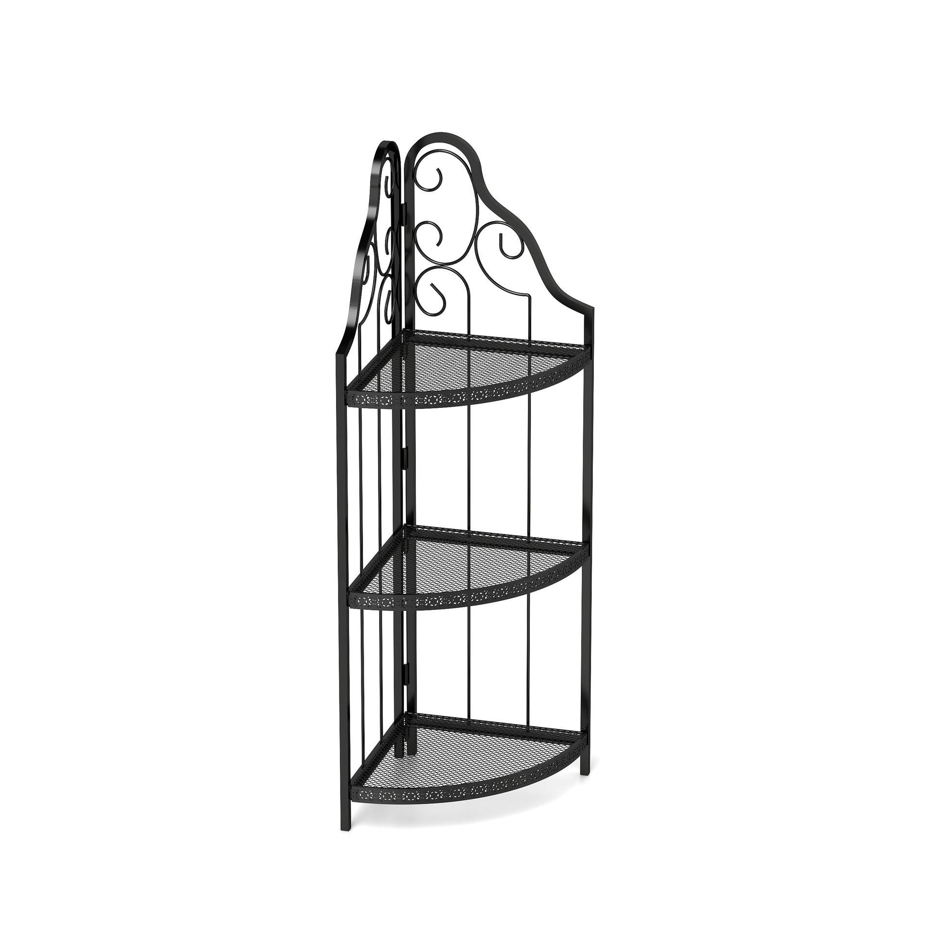 Black wrought iron threetier corner shelf with ornate scrollwork