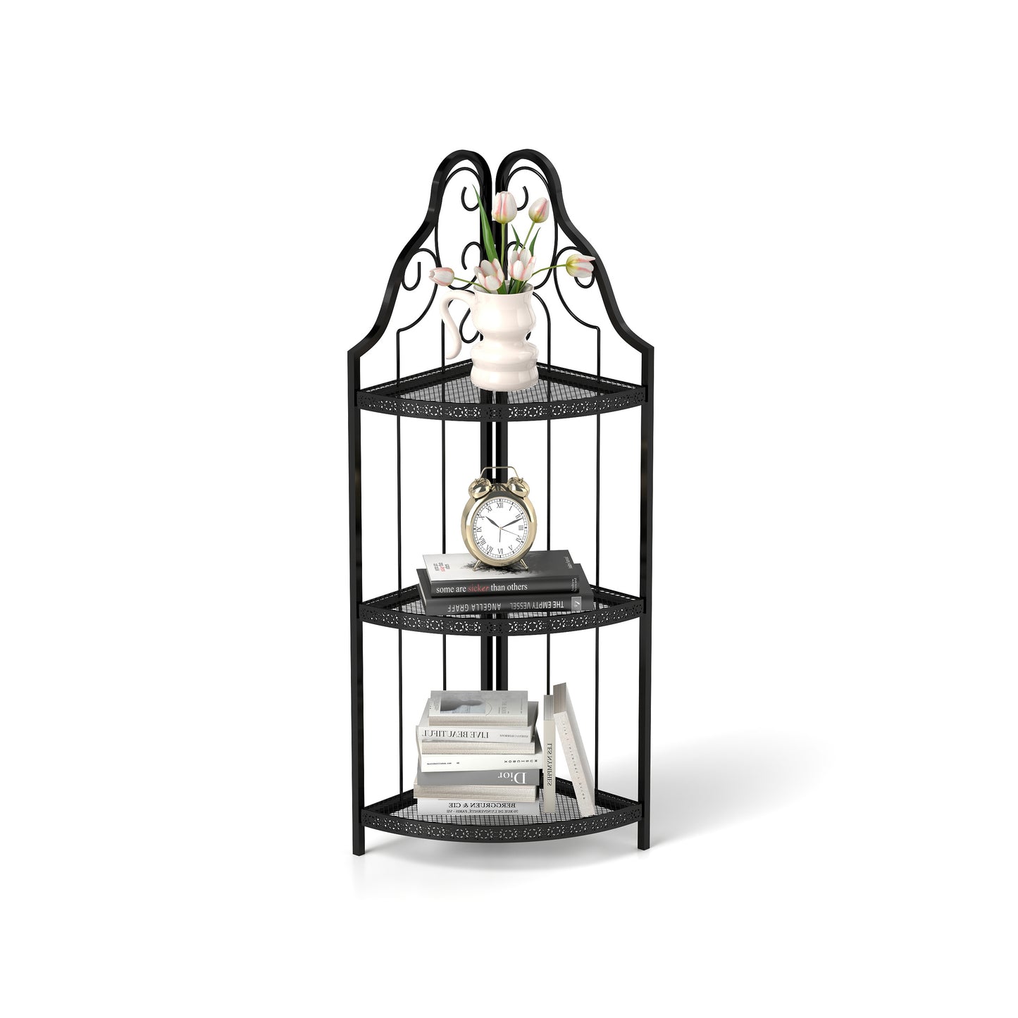 Black wrought iron corner shelf with three tiers
