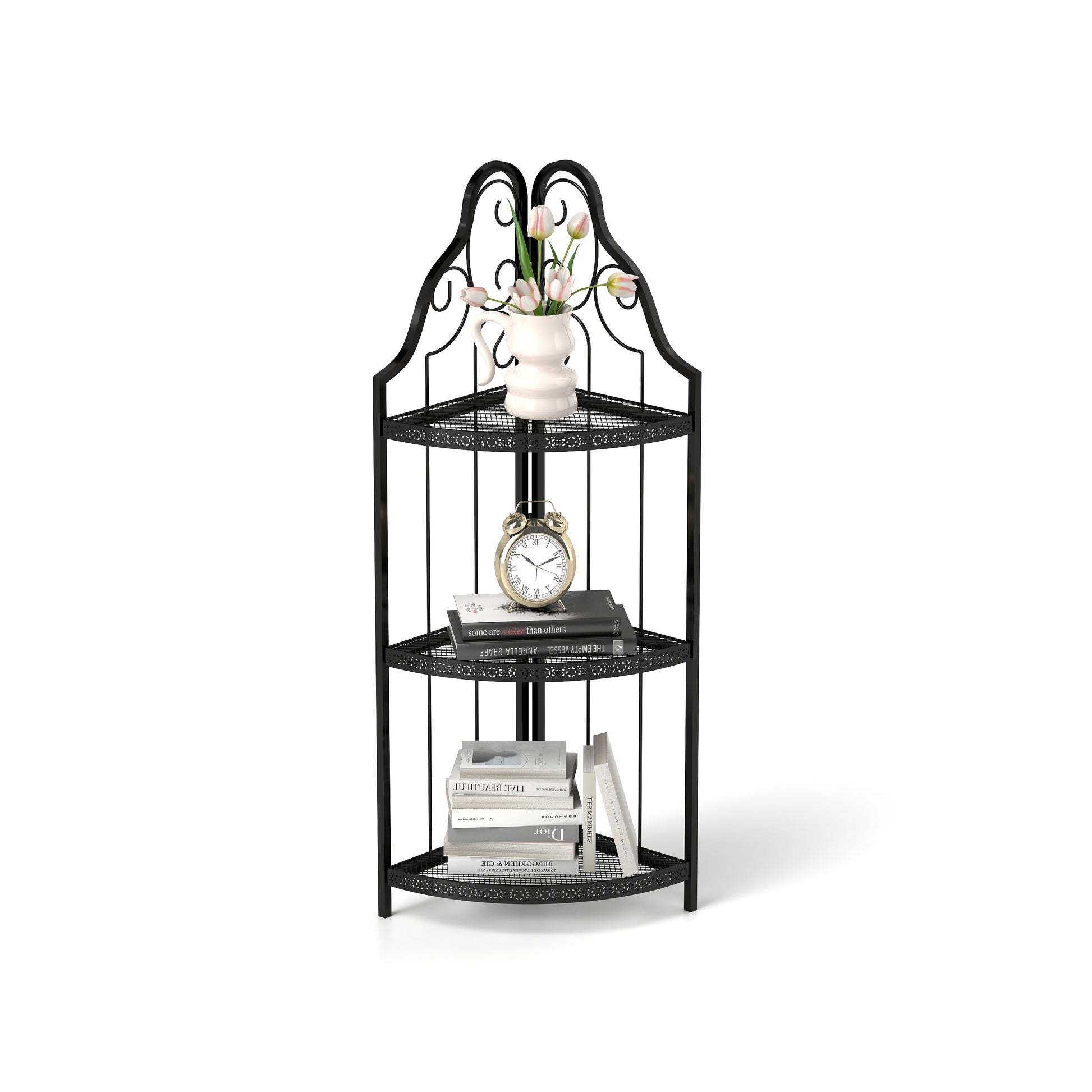 Black wrought iron corner shelf with three tiers