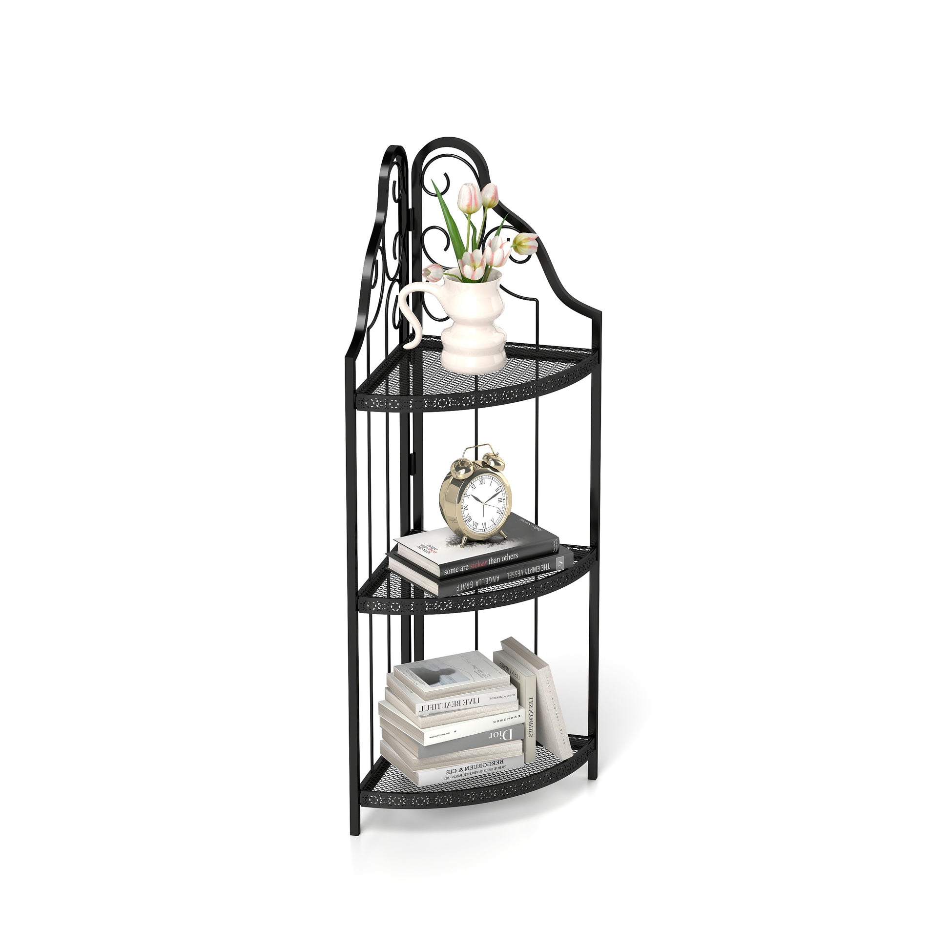 Black wrought iron corner shelf with decorative scrolls holding tulips in a cream pitcher