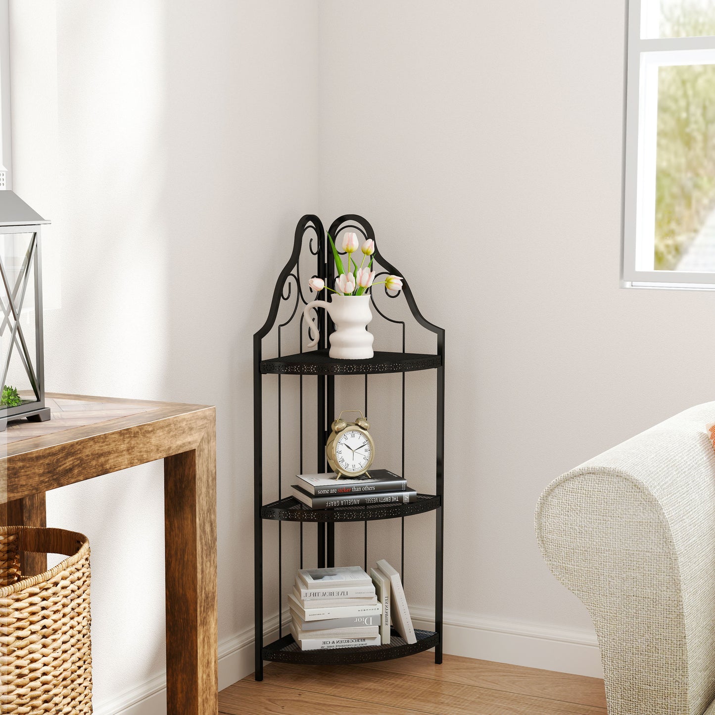Black metal threetier corner shelf with decorative scrollwork holding books and a clock