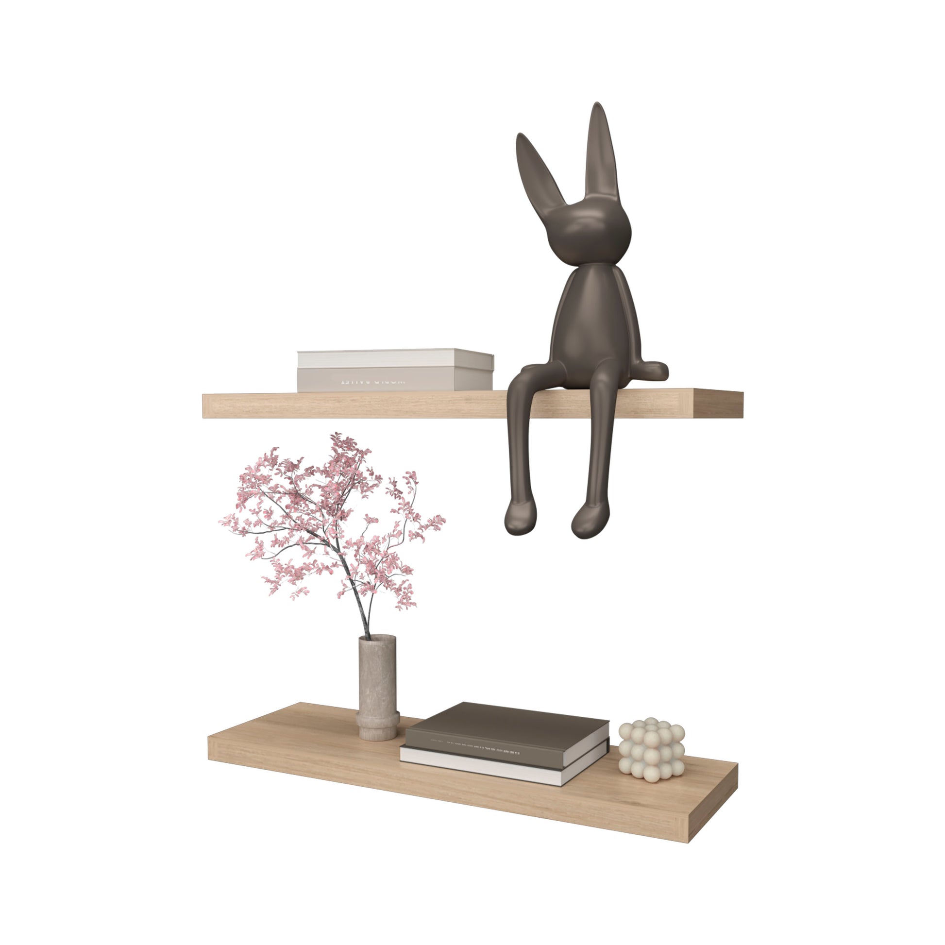 Dark gray bunny figurine sitting on a wooden shelf