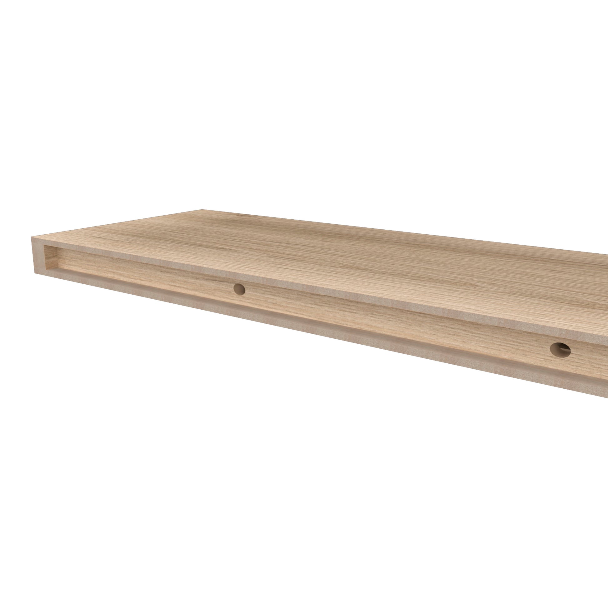 Light oak veneer shelf with routed edge and two mounting holes
