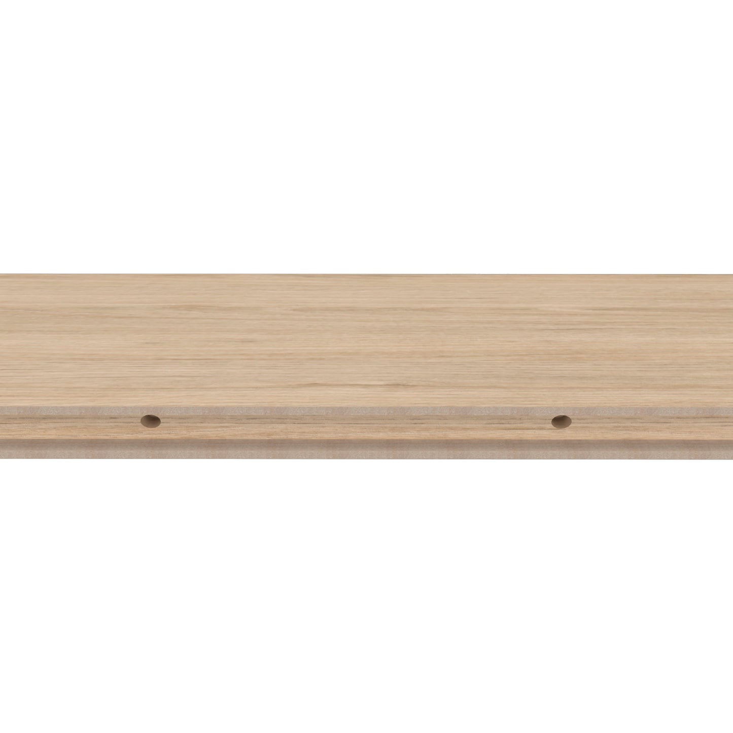 Light oak wood shelf with visible grain and predrilled holes for assembly