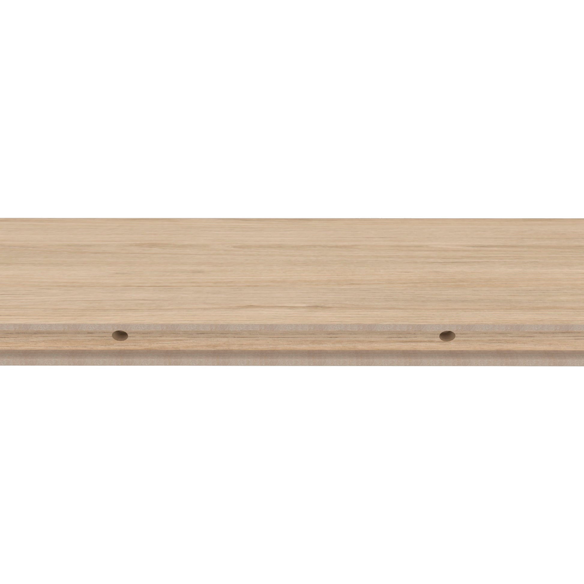 Light oak wood shelf with visible grain and predrilled holes for assembly