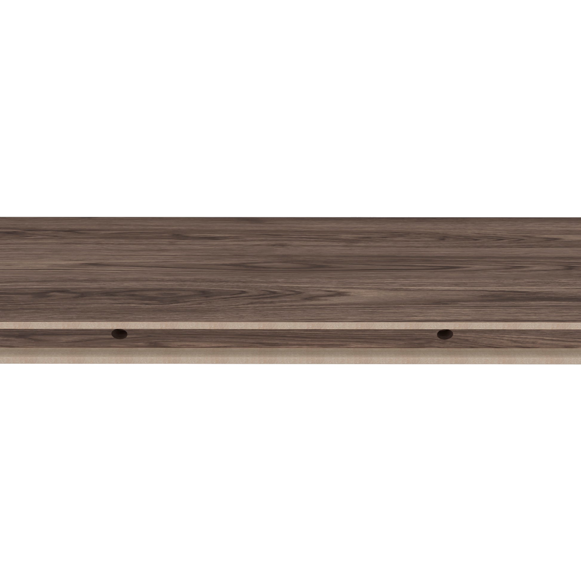 Dark wood grain shelf panel with predrilled holes for assembly