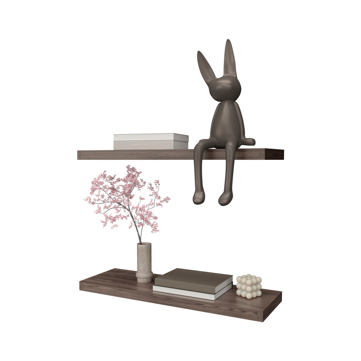 Modern grey rabbit sculpture sitting on a wooden shelf