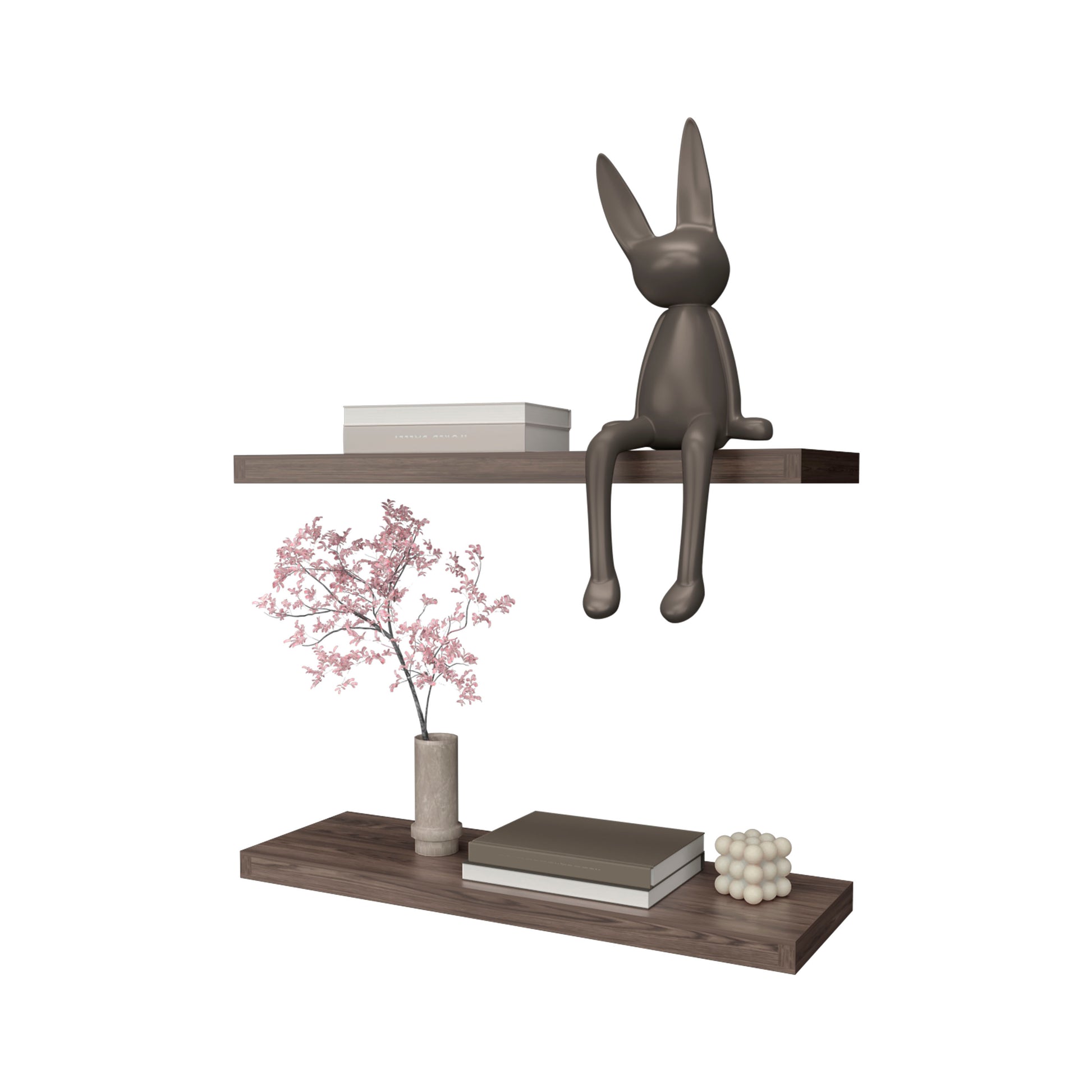 Modern grey rabbit sculpture sitting on a wooden shelf