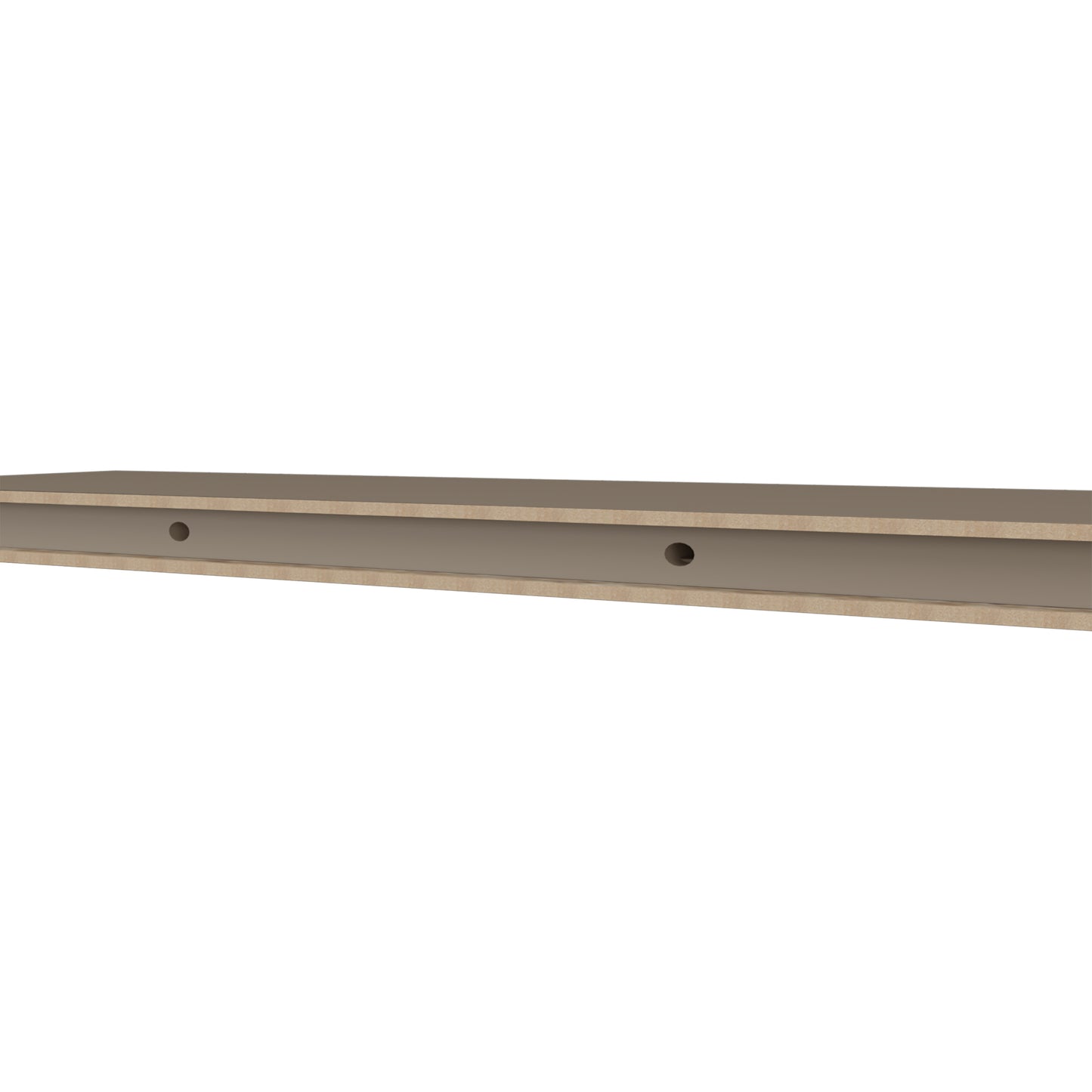 Taupe particle board floating shelf with two predrilled holes for mounting