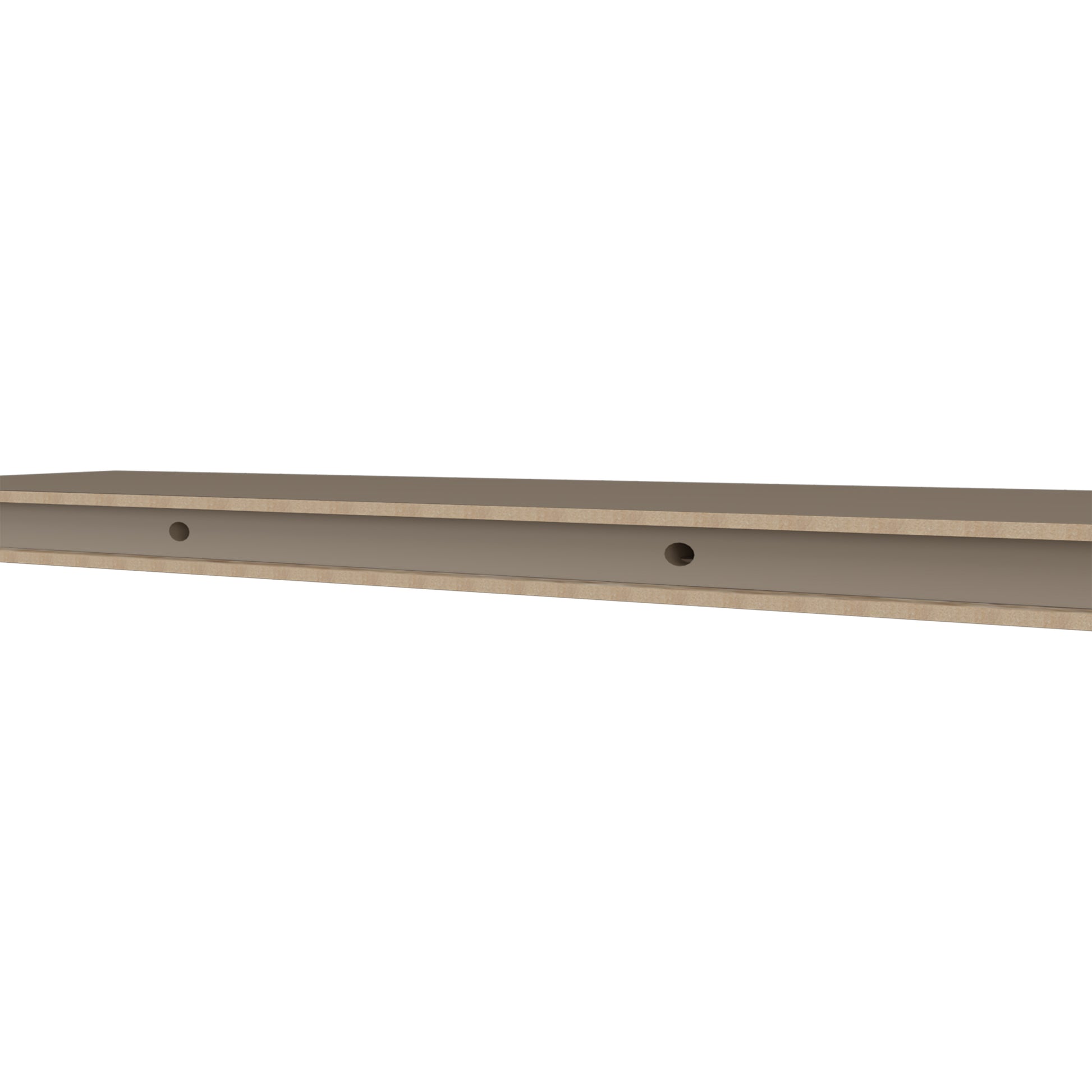 Taupe particle board floating shelf with two predrilled holes for mounting