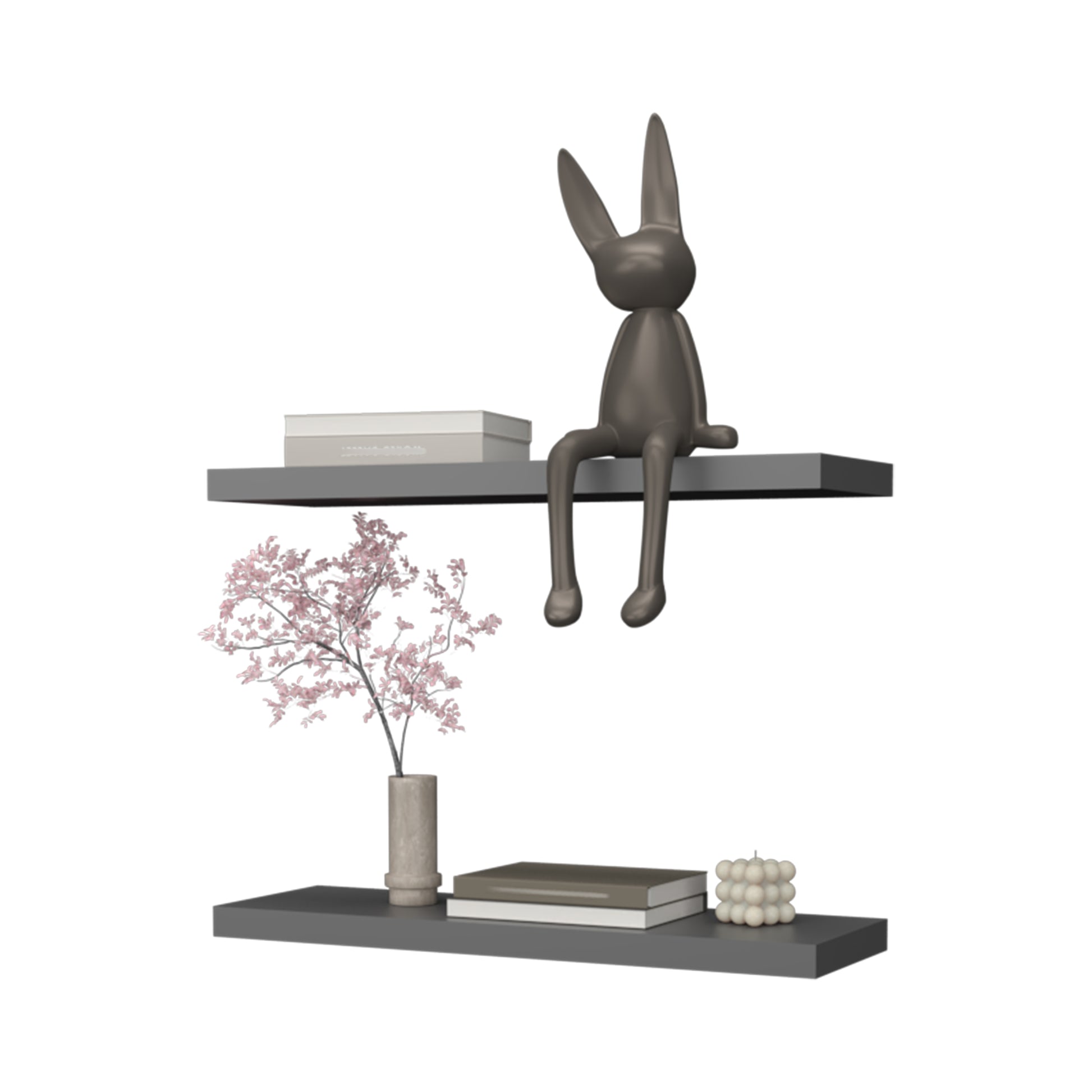 Dark gray metal bunny figurine seated on a shelf