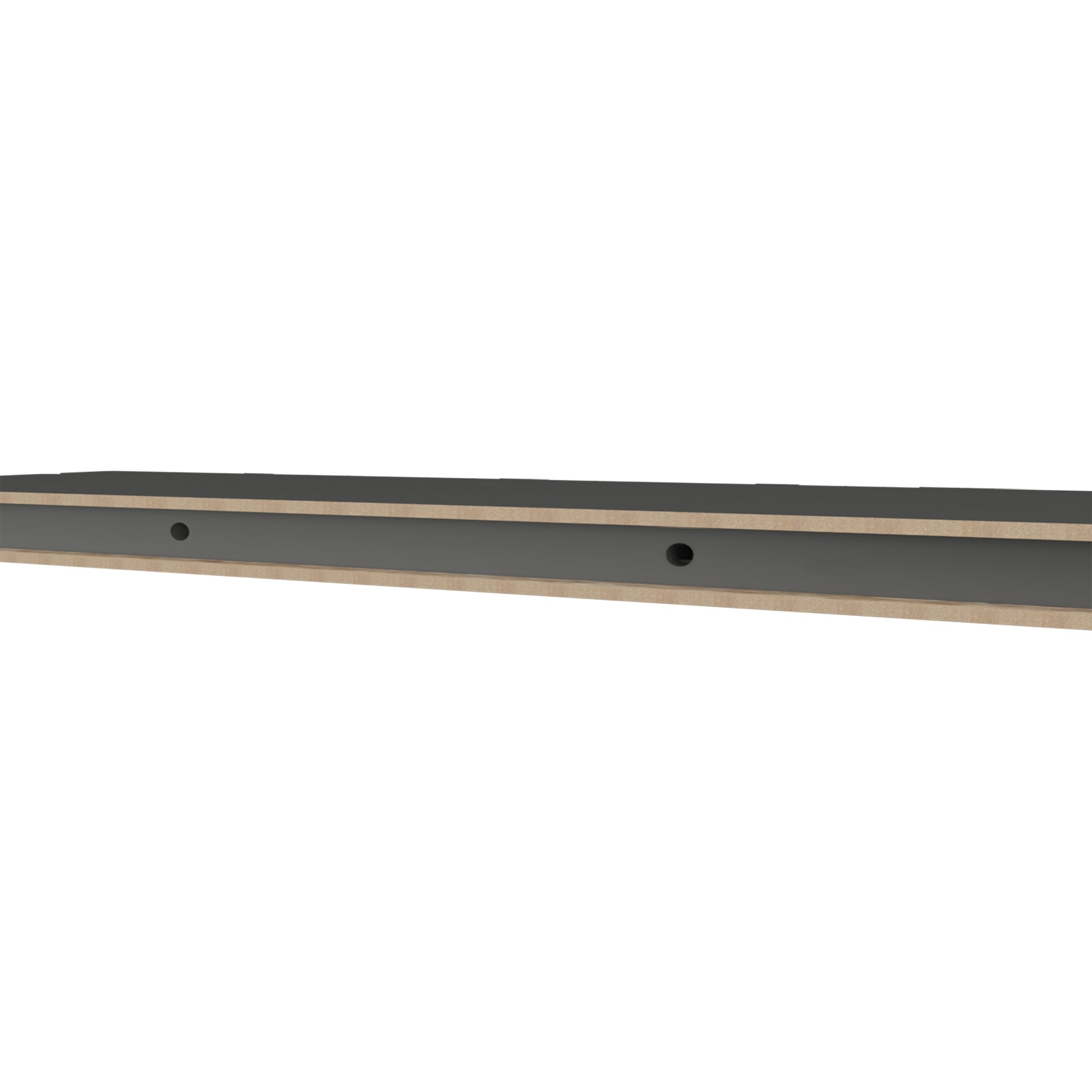 Dark grey floating shelf with minimalist design and visible mounting holes