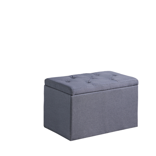Gray tufted storage ottoman with fabric upholstery and hidden compartment