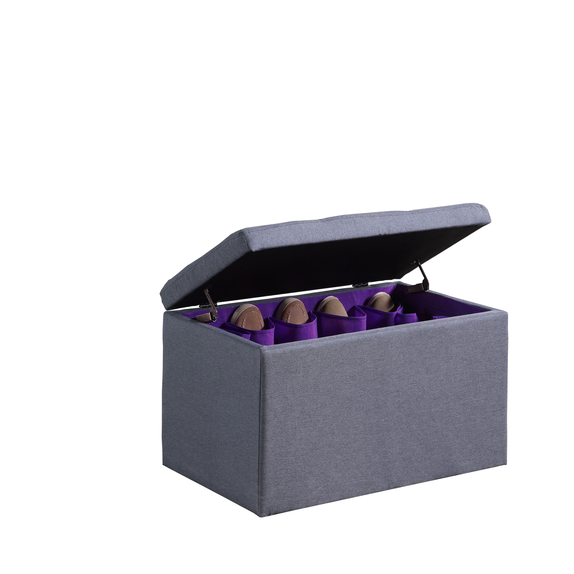 Grey fabric storage ottoman with purple interior and shoe compartments