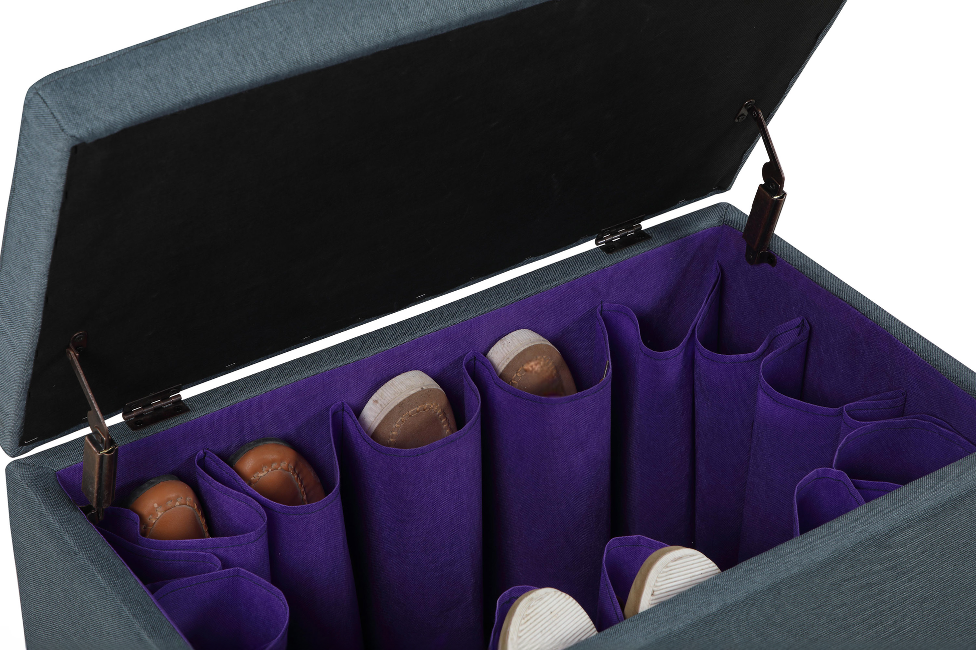 Grey upholstered storage bench with purple interior holding shoes