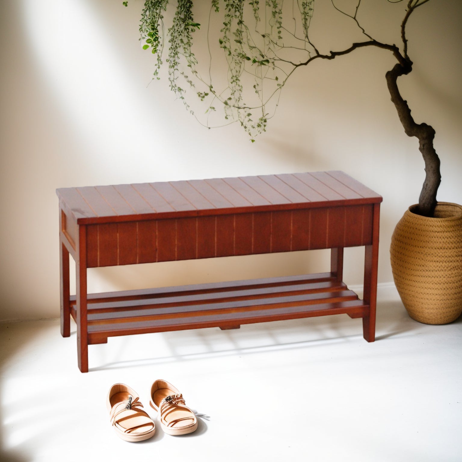 Wooden entryway bench with shoe storage
