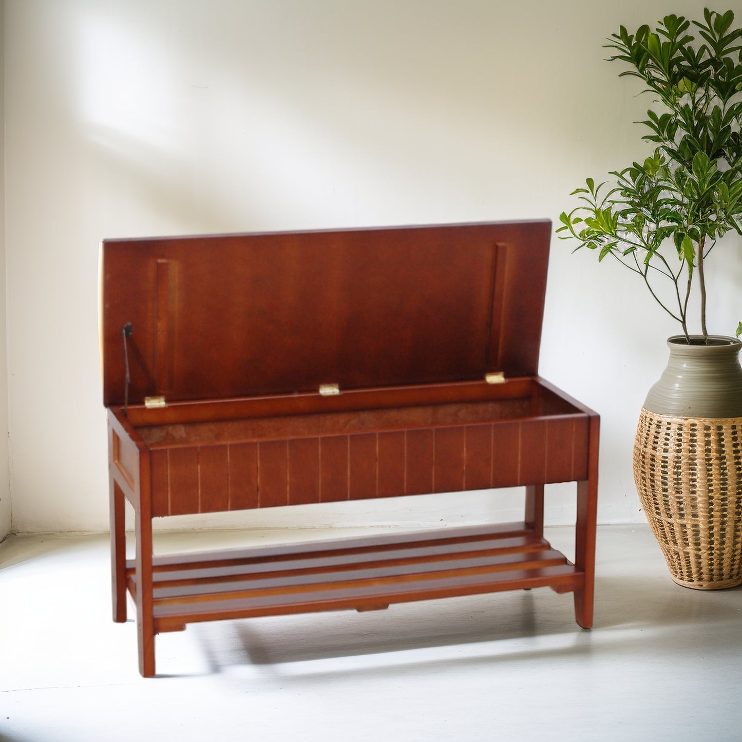 Brown wooden storage bench with slatted shoe rack