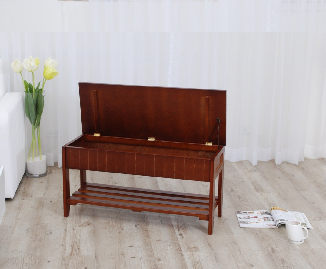 Brown wooden storage bench with open lid and slatted shoe rack below