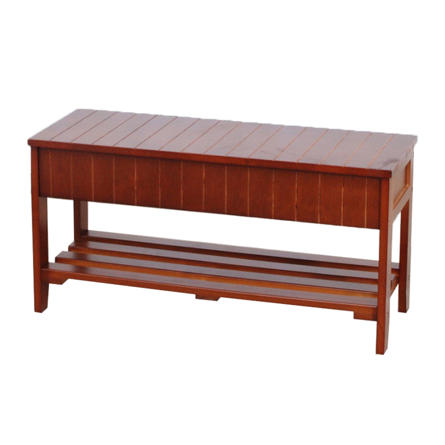 Wooden storage bench with slatted top and two shelves
