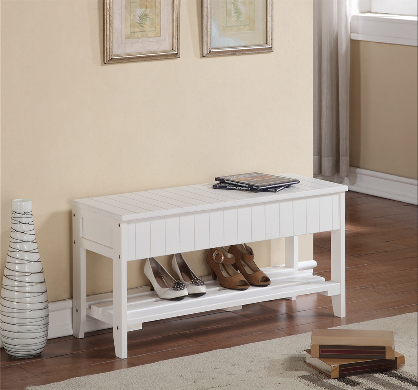 White wooden storage bench with slatted top and two shelves for shoes