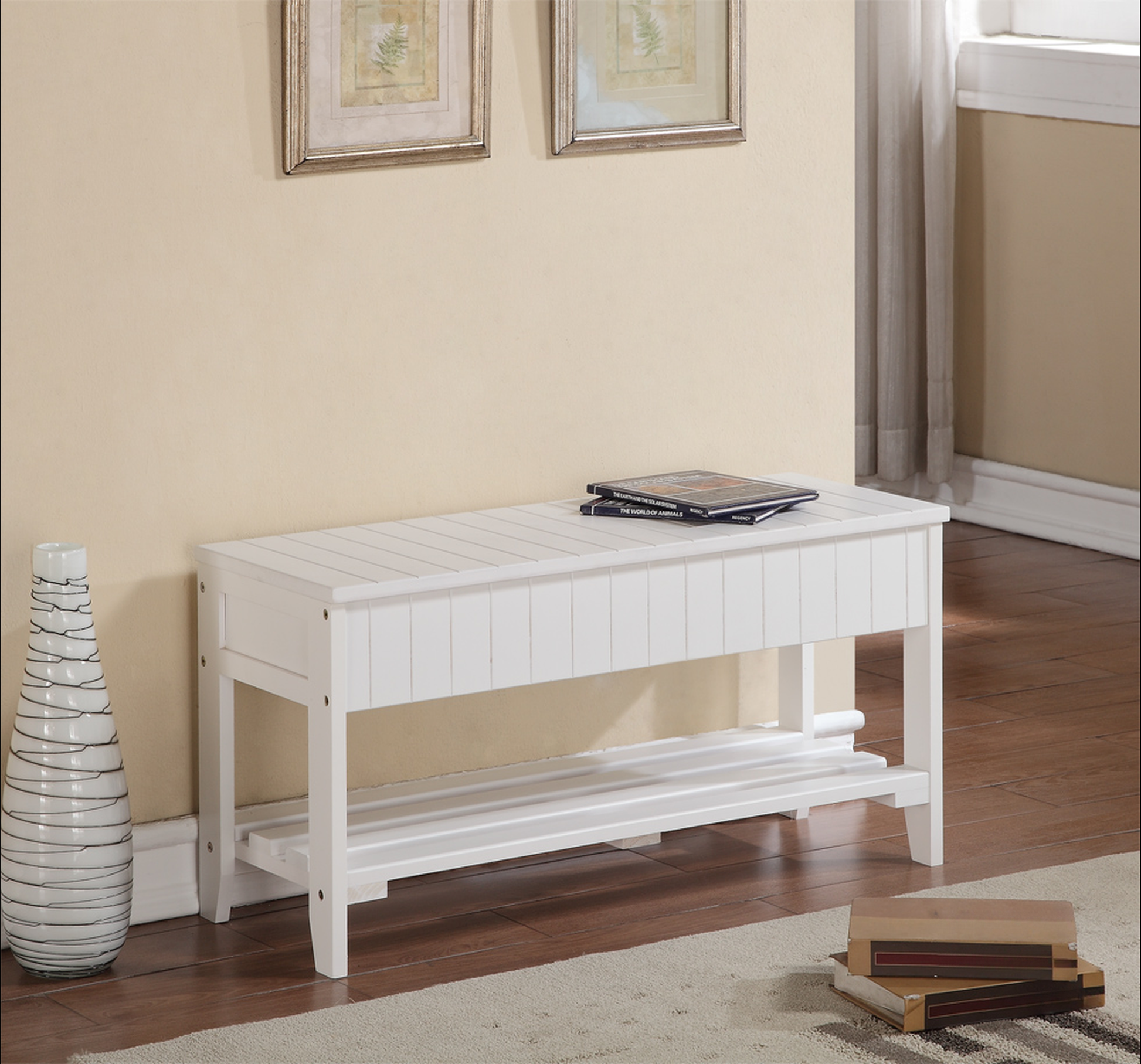 White slatted storage bench with shoe rack ideal for entryways and hallways