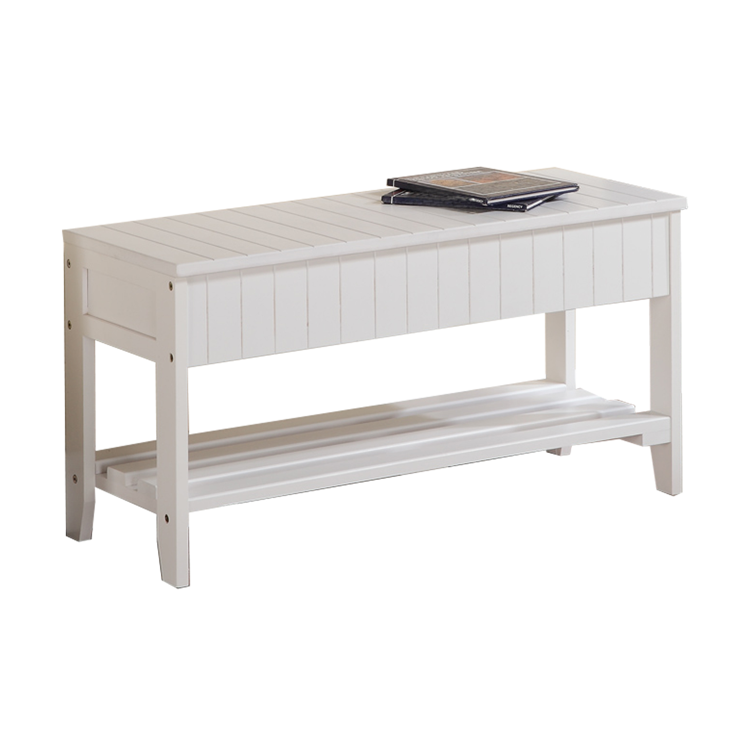 White wooden entryway bench with slatted seat and lower shelf
