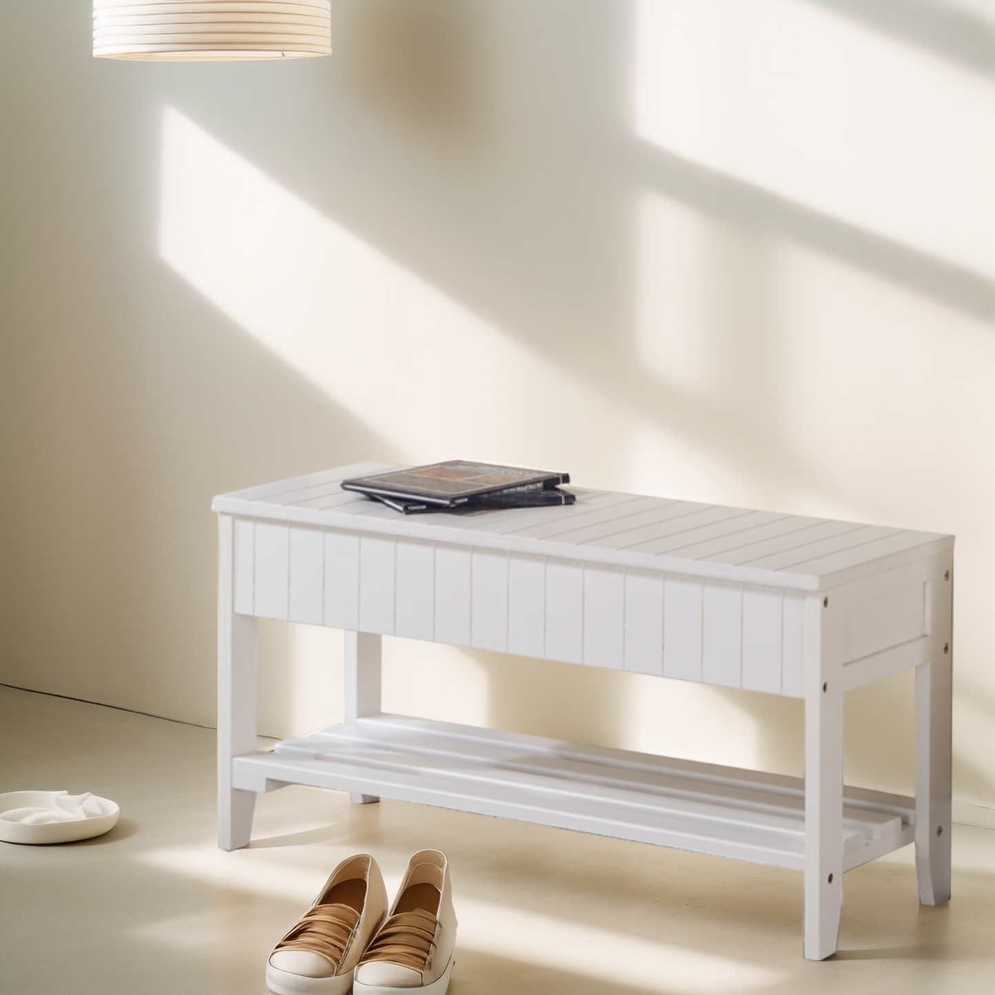White wooden storage bench with slatted top and shelf