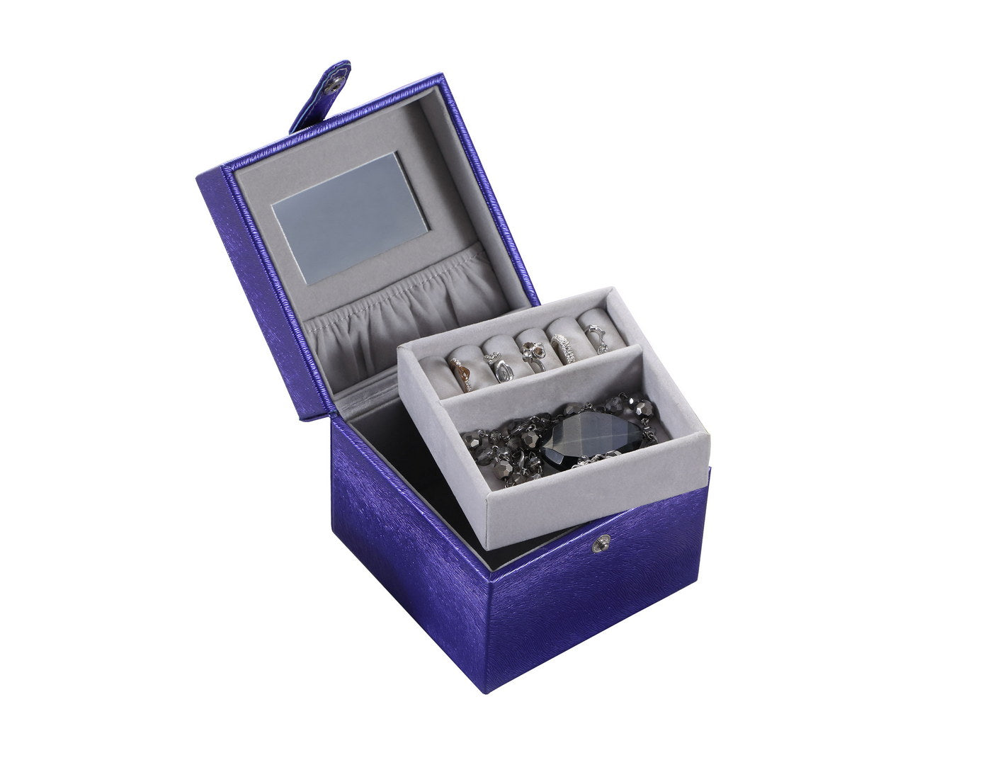 Purple faux leather jewelry box with mirror and ring slots