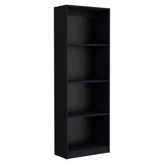 Tall black narrow bookshelf with four open shelves