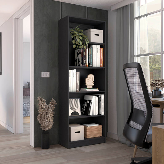 Tall black modern bookshelf filled with books and decor