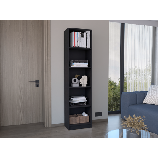 Tall dark gray shelf bookcase filled with books and decor