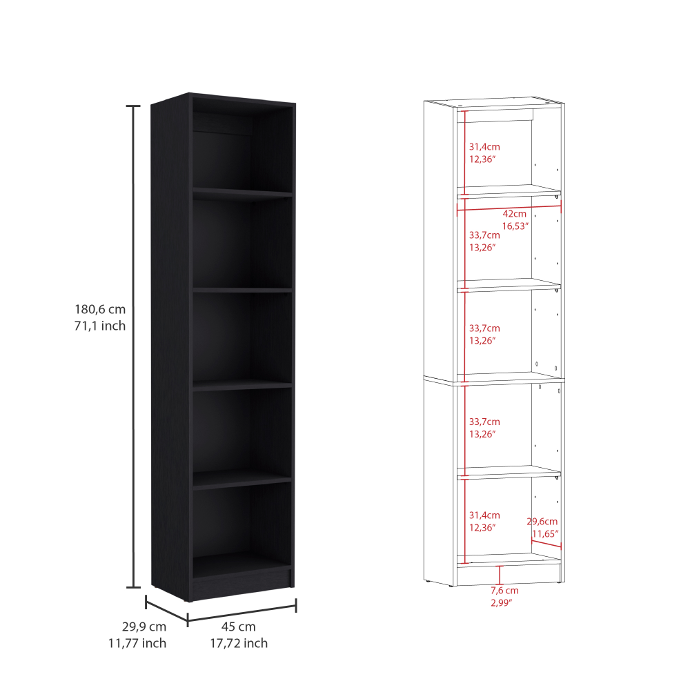 Black tall narrow bookshelf with five shelves