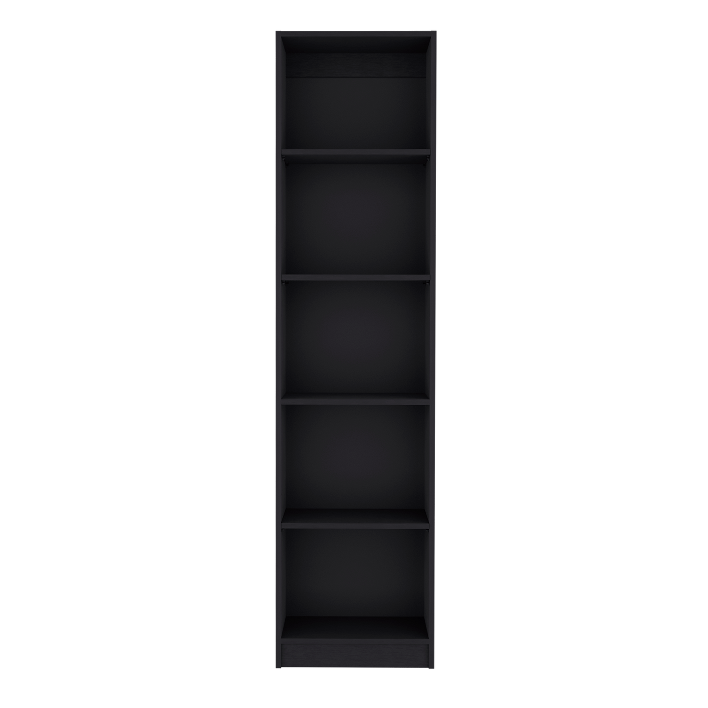 Black tall narrow bookshelf with five shelves for storage