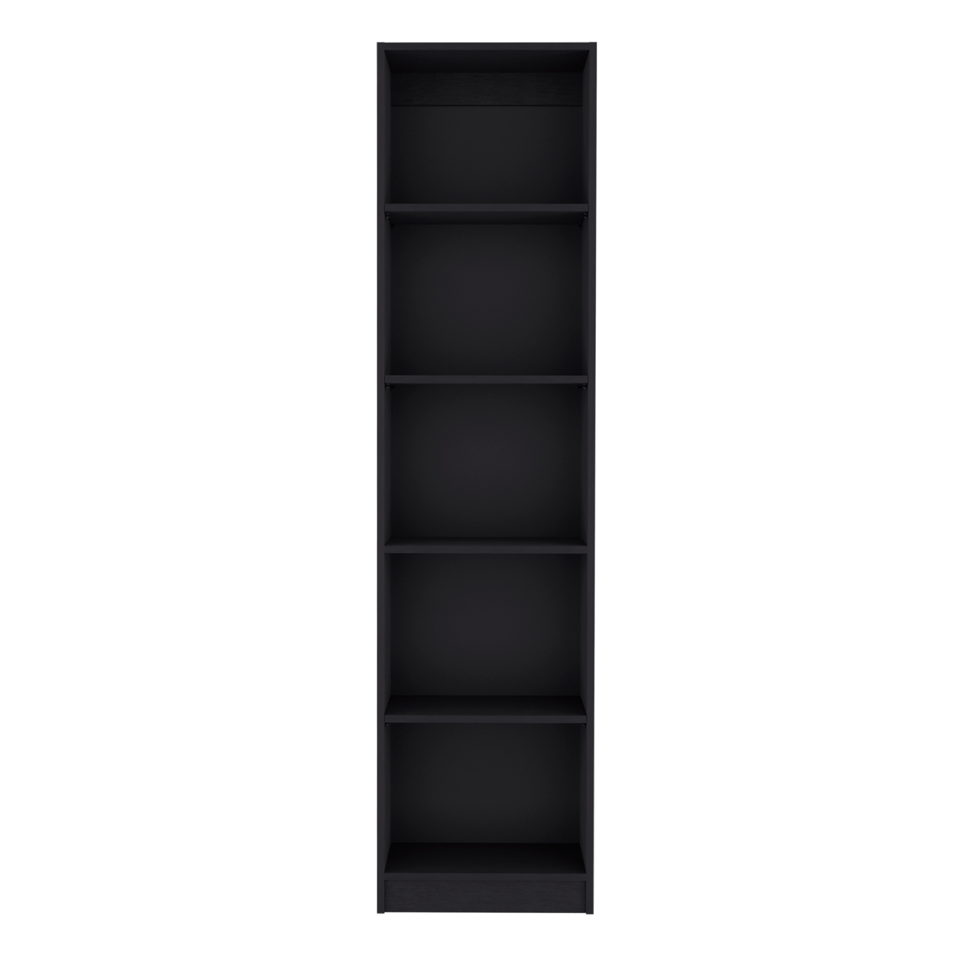 Black tall narrow bookshelf with five shelves for storage