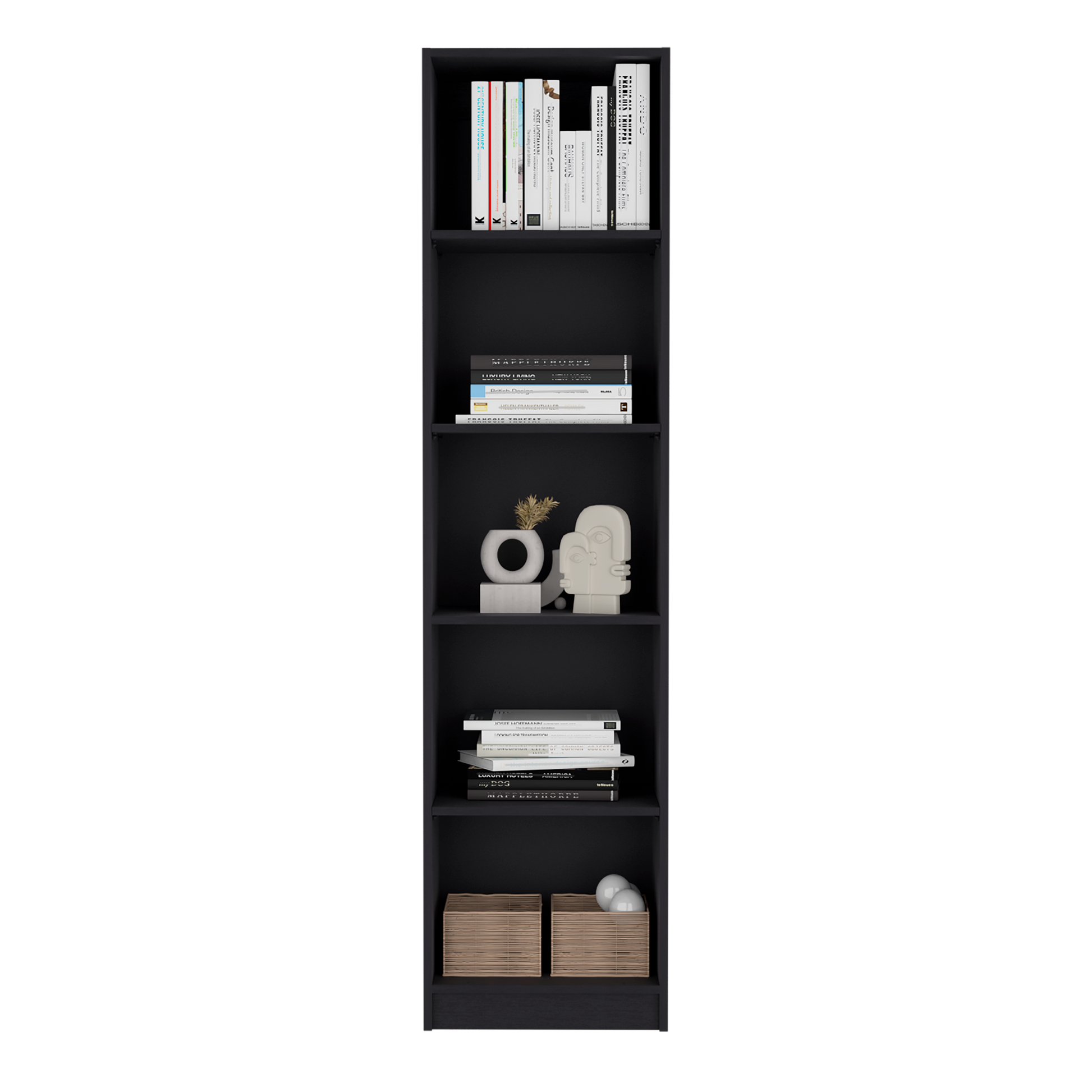Tall black bookcase with books on upper shelves