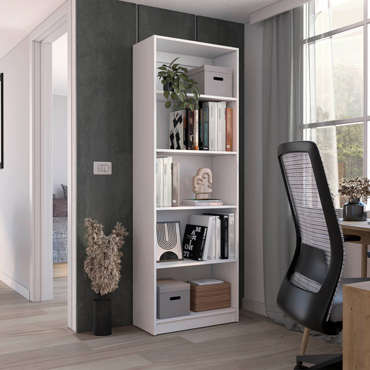 White fiveshelf bookcase with decorative items and books for home office organization