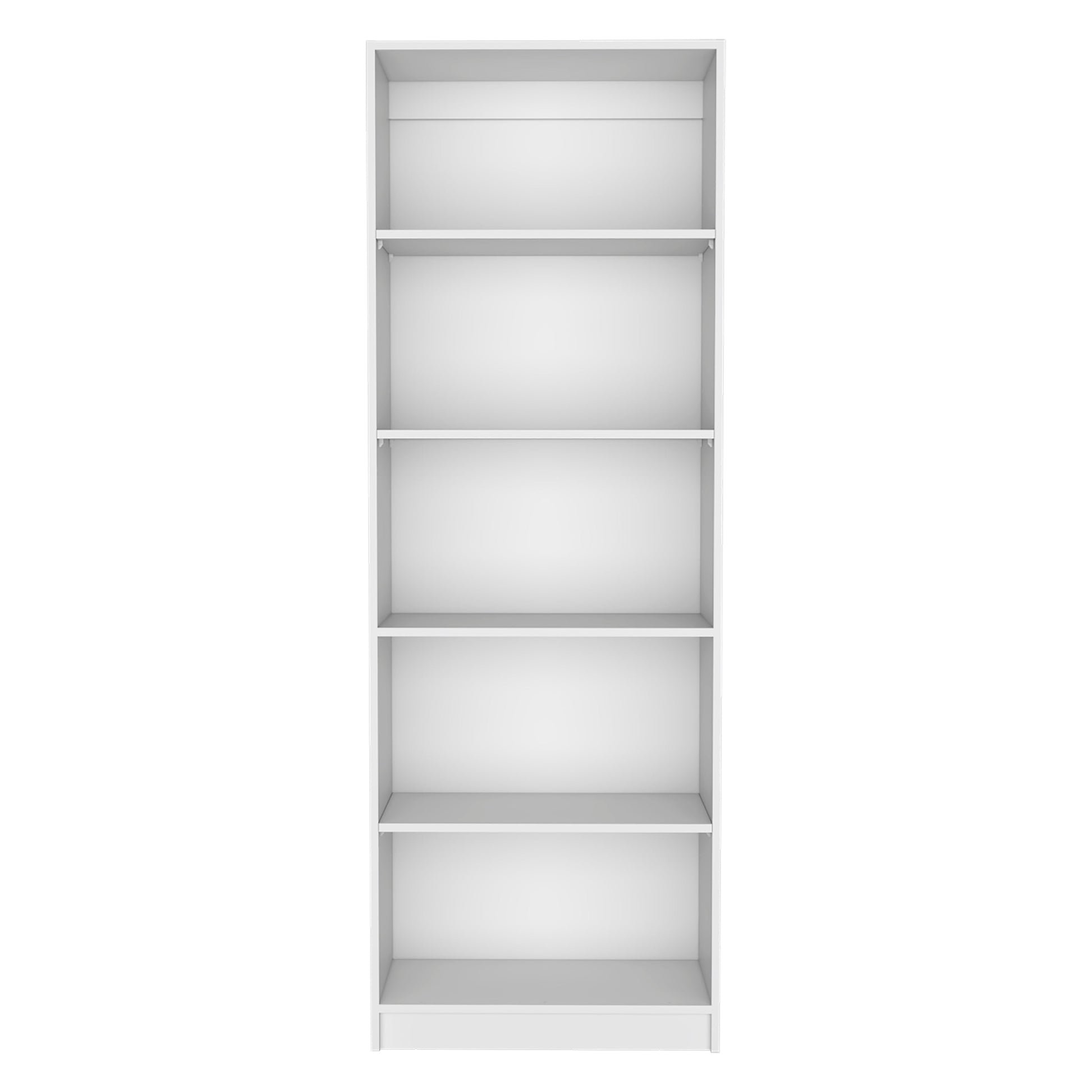 Tall white bookshelf with five open shelves