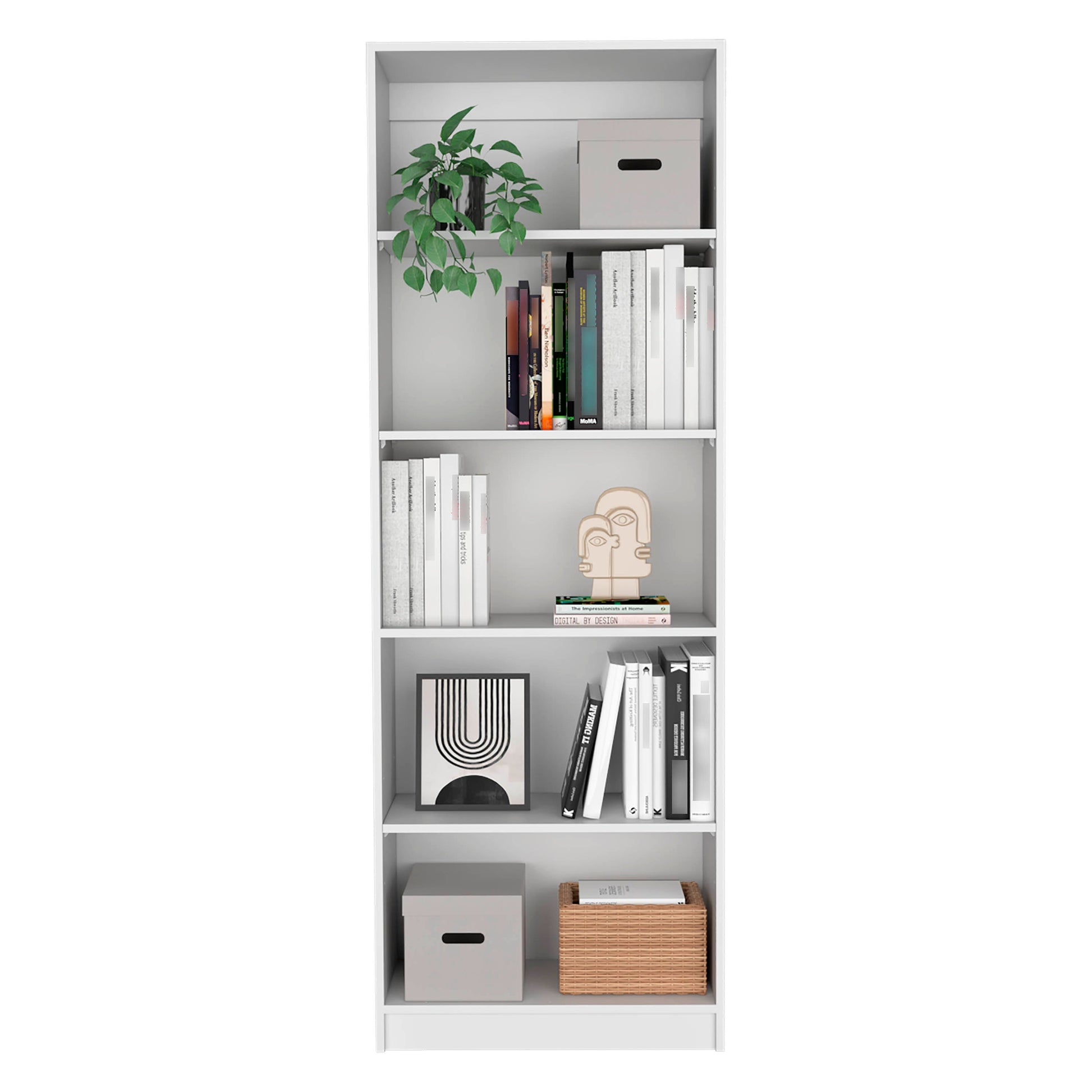 White modern bookshelf with plants and decor