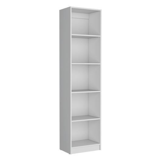 Tall white narrow bookcase with five shelves