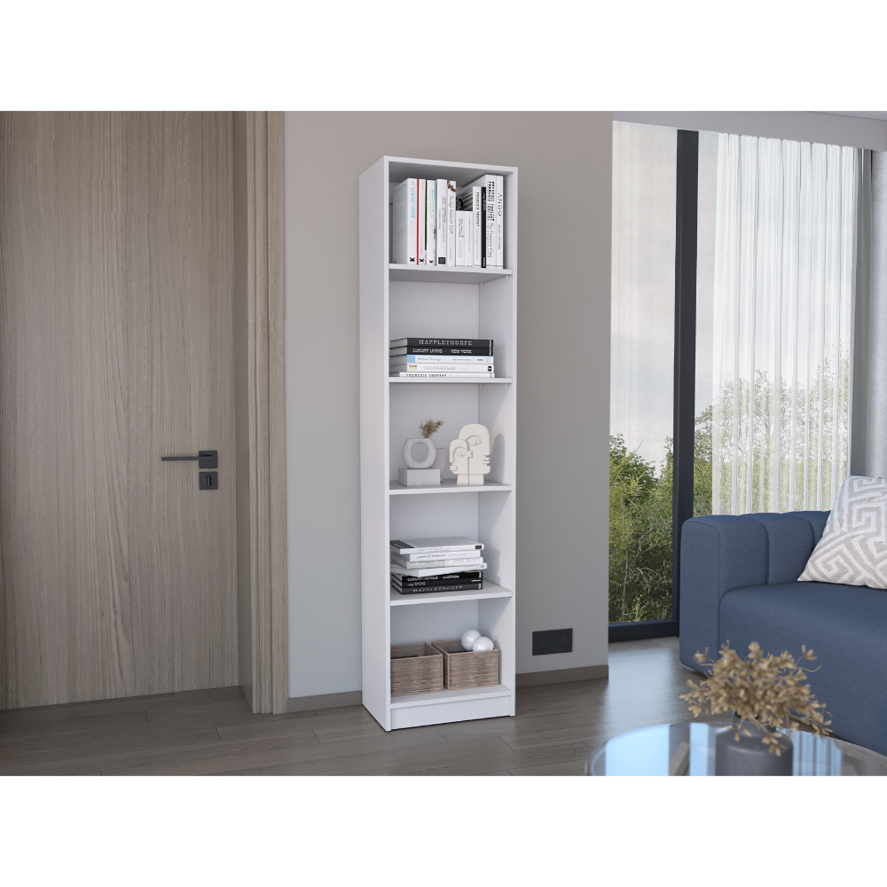 Tall white modern bookshelf with  shelves