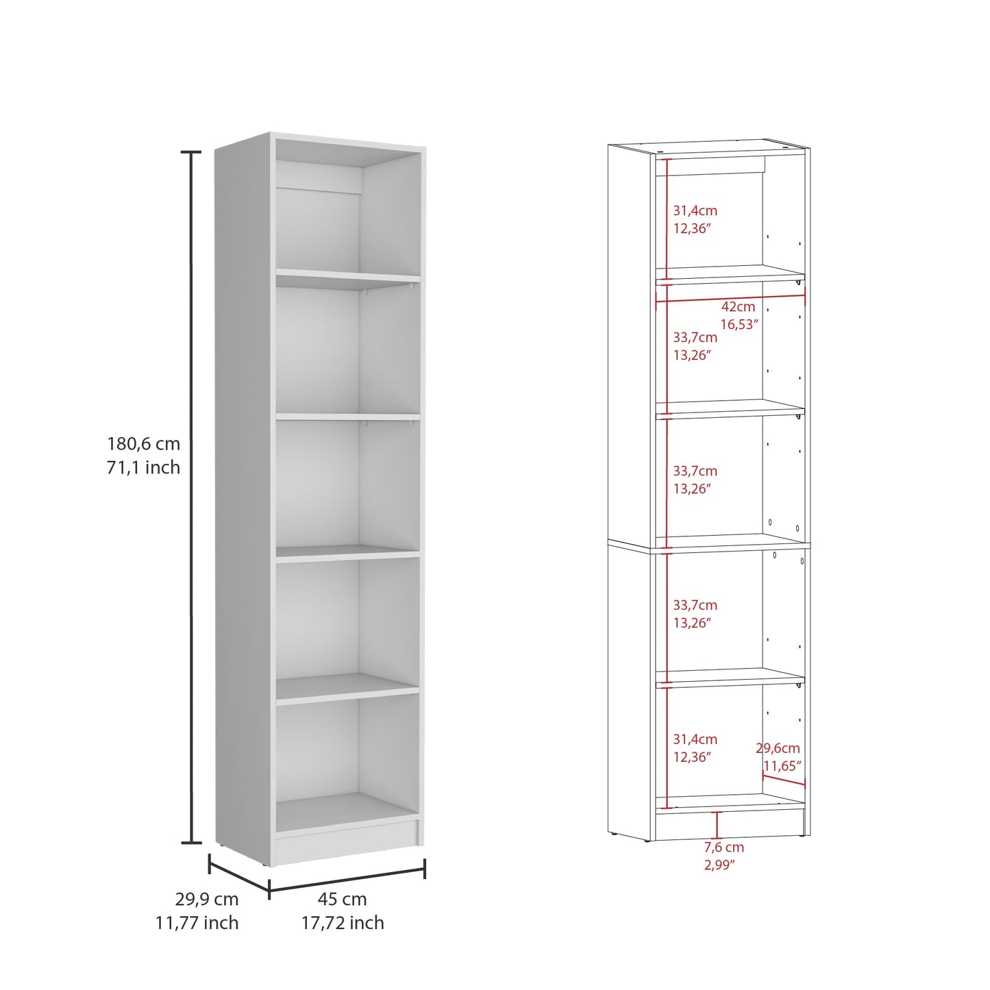 Tall white fiveshelf bookcase with clear dimensions