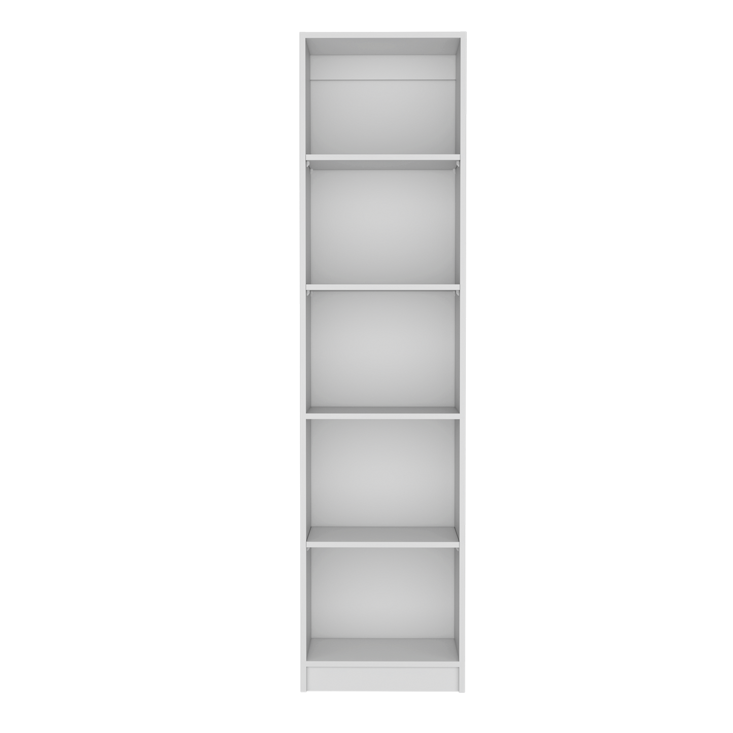 Sleek white tall bookshelf with six open shelves for book storage