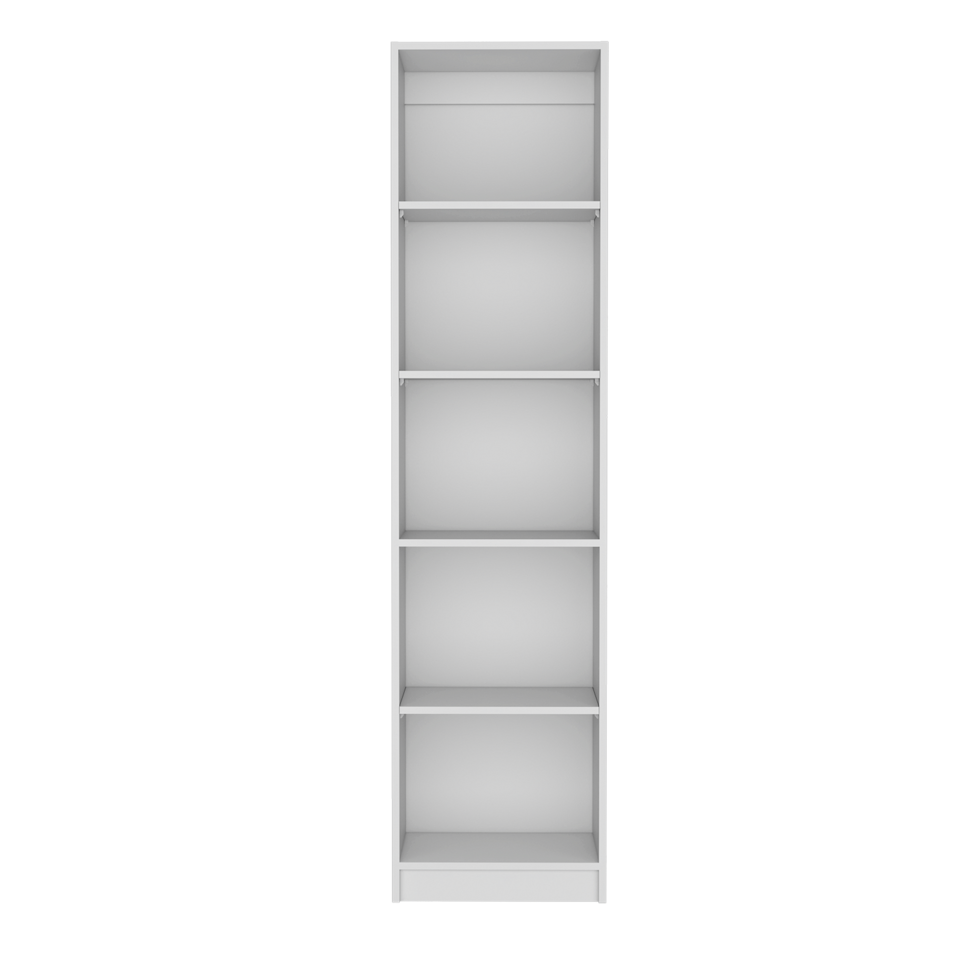 Sleek white tall bookshelf with six open shelves for book storage