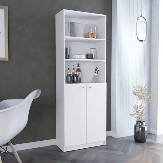 White modern kitchen pantry cabinet with open shelves and dual doors
