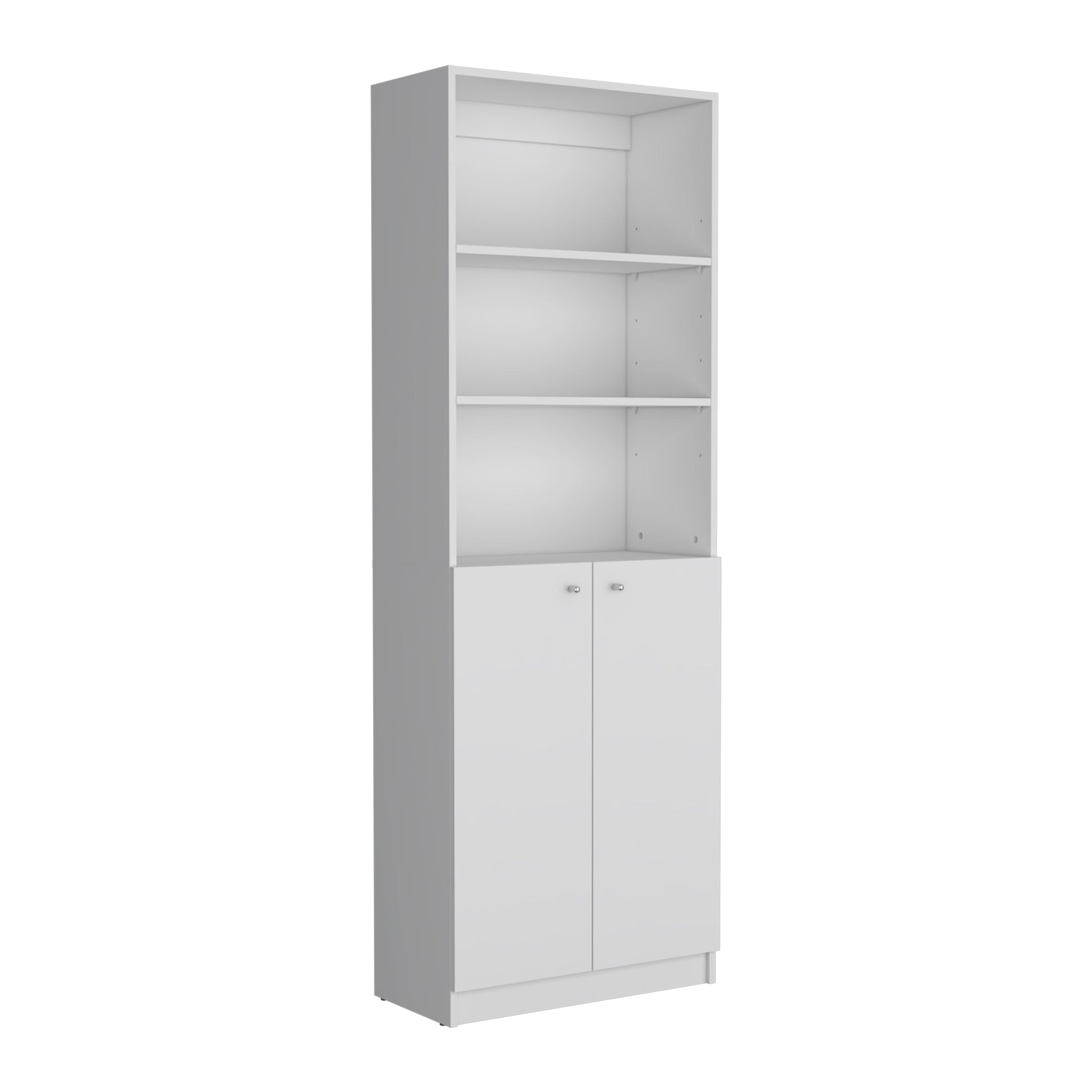 Tall white storage cabinet with two doors and three open shelves