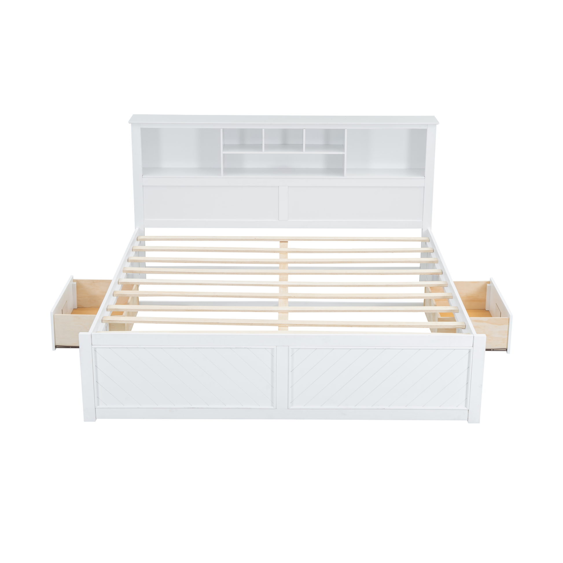 White wooden platform bed frame with storage drawers and bookshelf headboard