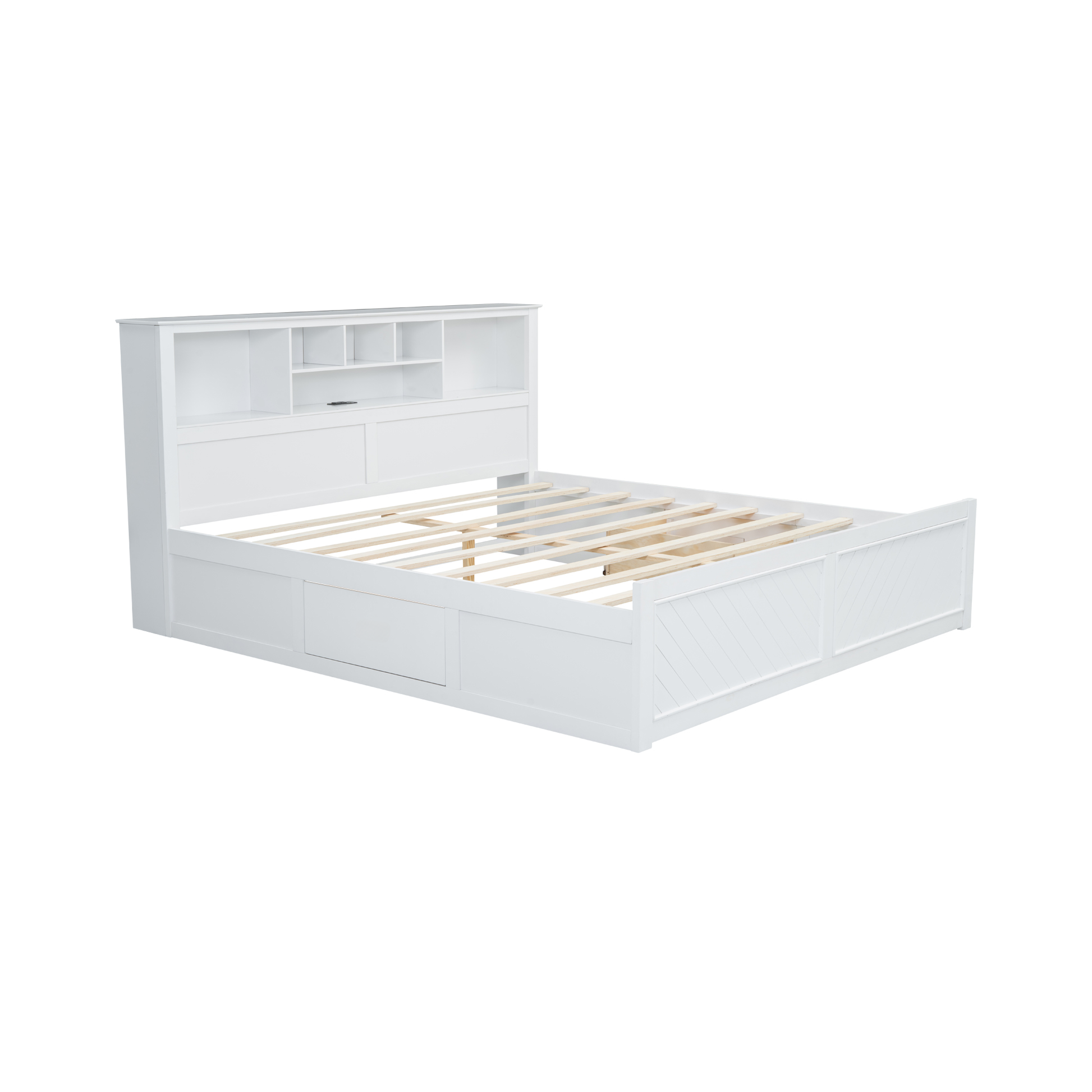 White platform storage bed with headboard shelves and drawers