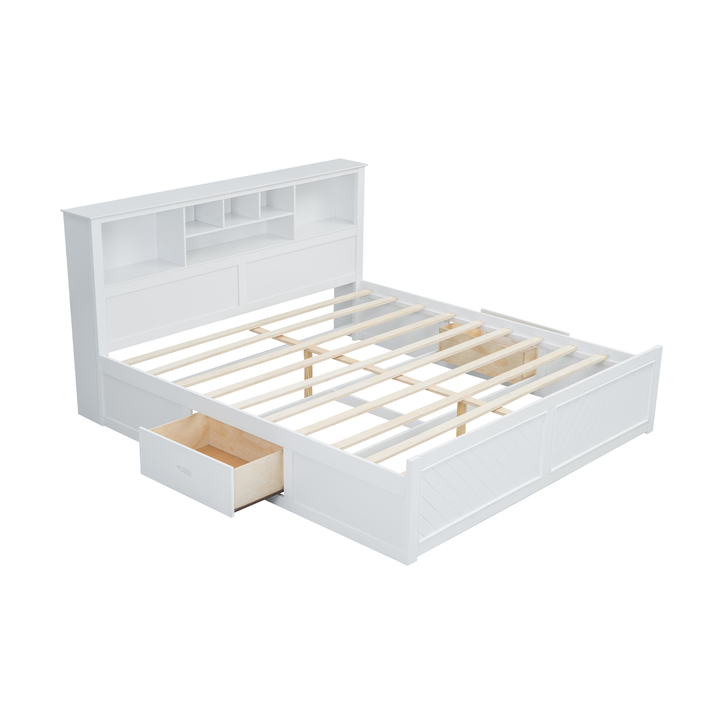 White wooden bed frame with bookcase headboard and single storage drawer
