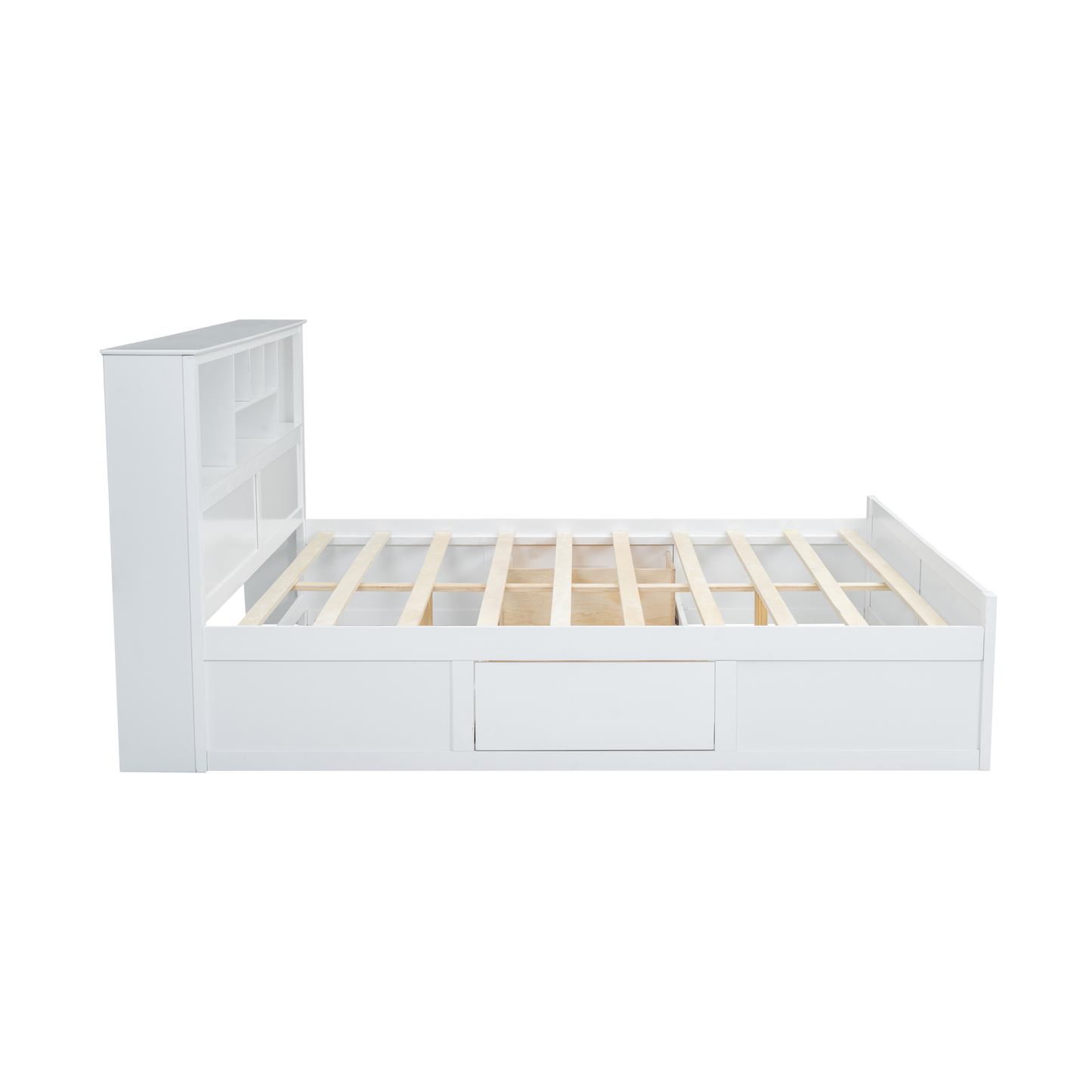 White wooden platform bed frame with builtin storage drawers and open shelves on headboard
